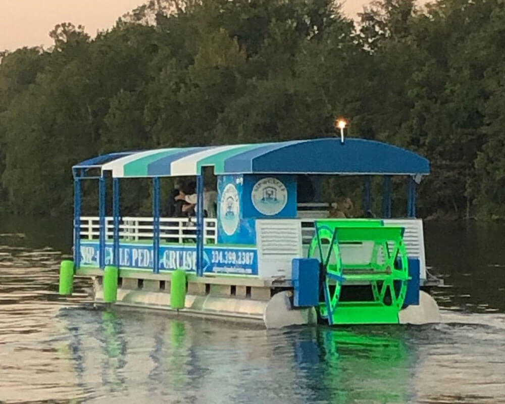 a blue and green pedal cruiser on the water